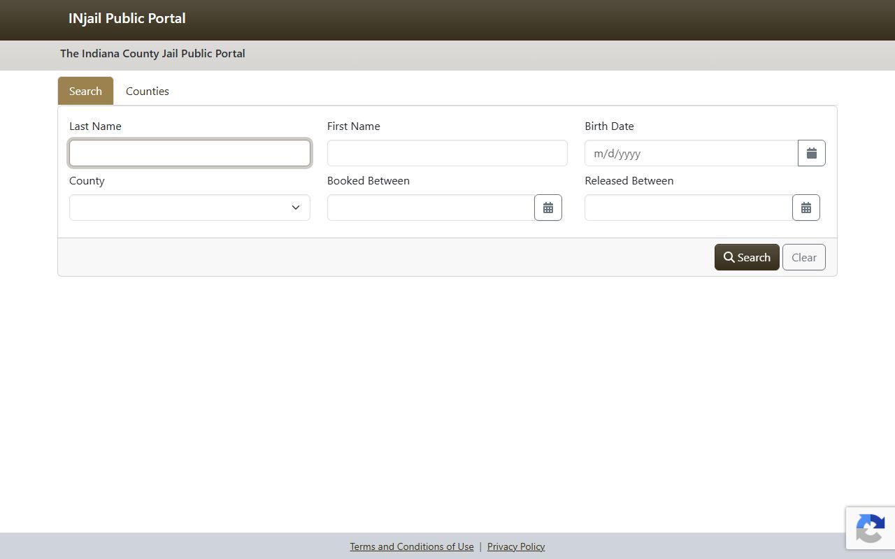 Tipton County inmate population roster search fields on INjail Public Access